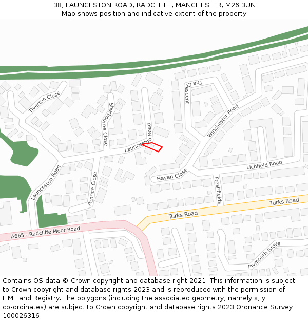 38, LAUNCESTON ROAD, RADCLIFFE, MANCHESTER, M26 3UN: Location map and indicative extent of plot