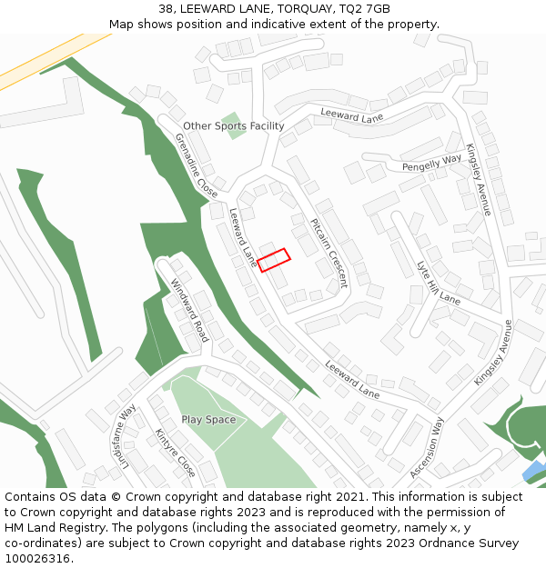 38, LEEWARD LANE, TORQUAY, TQ2 7GB: Location map and indicative extent of plot