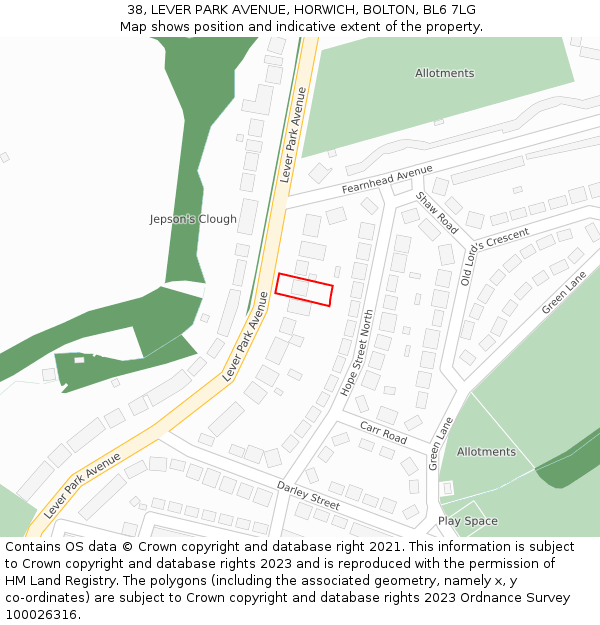 38, LEVER PARK AVENUE, HORWICH, BOLTON, BL6 7LG: Location map and indicative extent of plot