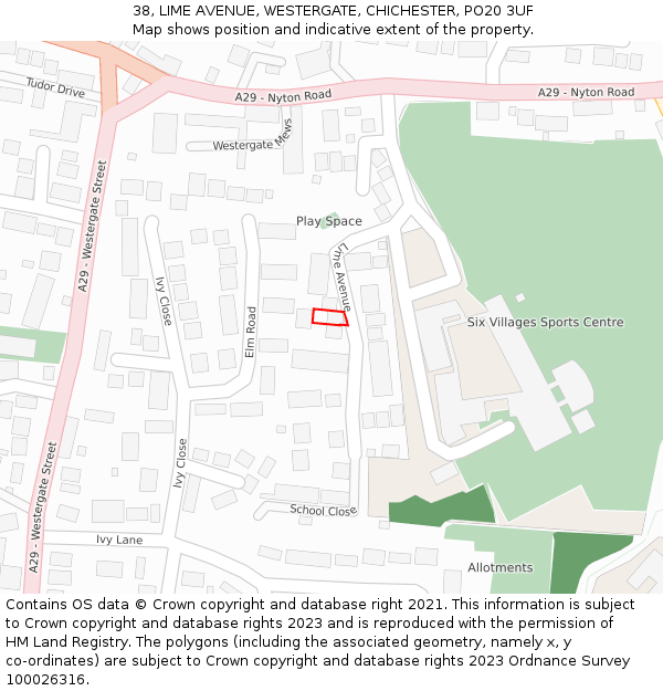 38, LIME AVENUE, WESTERGATE, CHICHESTER, PO20 3UF: Location map and indicative extent of plot