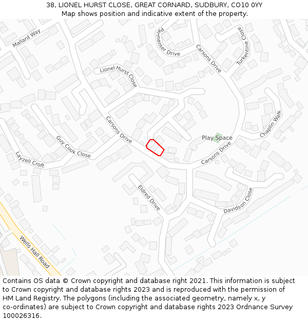 38, LIONEL HURST CLOSE, GREAT CORNARD, SUDBURY, CO10 0YY: Location map and indicative extent of plot