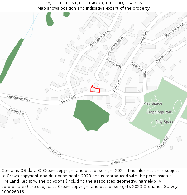 38, LITTLE FLINT, LIGHTMOOR, TELFORD, TF4 3GA: Location map and indicative extent of plot