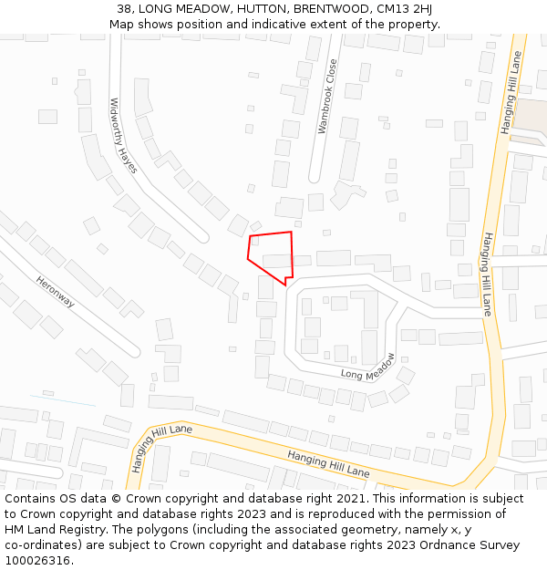 38, LONG MEADOW, HUTTON, BRENTWOOD, CM13 2HJ: Location map and indicative extent of plot