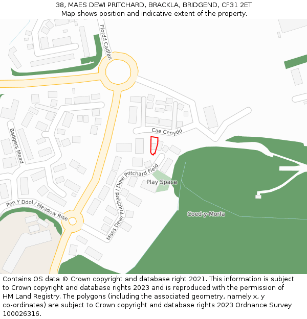 38, MAES DEWI PRITCHARD, BRACKLA, BRIDGEND, CF31 2ET: Location map and indicative extent of plot