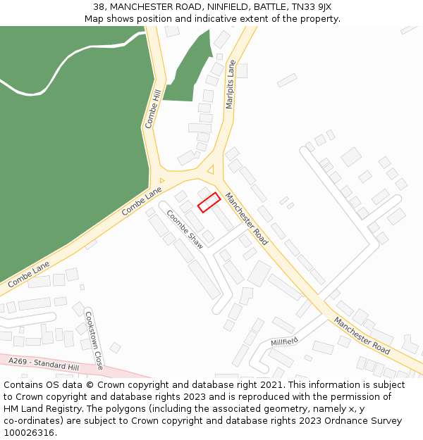 38, MANCHESTER ROAD, NINFIELD, BATTLE, TN33 9JX: Location map and indicative extent of plot