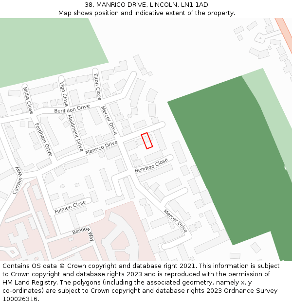 38, MANRICO DRIVE, LINCOLN, LN1 1AD: Location map and indicative extent of plot