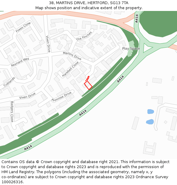 38, MARTINS DRIVE, HERTFORD, SG13 7TA: Location map and indicative extent of plot