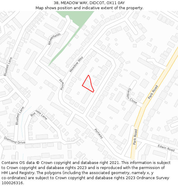 38, MEADOW WAY, DIDCOT, OX11 0AY: Location map and indicative extent of plot