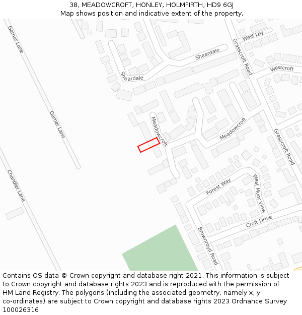 38, MEADOWCROFT, HONLEY, HOLMFIRTH, HD9 6GJ: Location map and indicative extent of plot