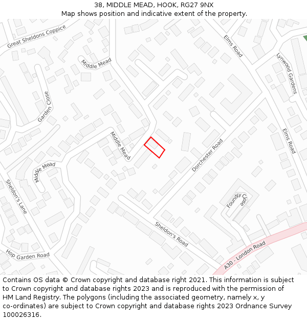 38, MIDDLE MEAD, HOOK, RG27 9NX: Location map and indicative extent of plot