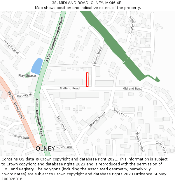 38, MIDLAND ROAD, OLNEY, MK46 4BL: Location map and indicative extent of plot