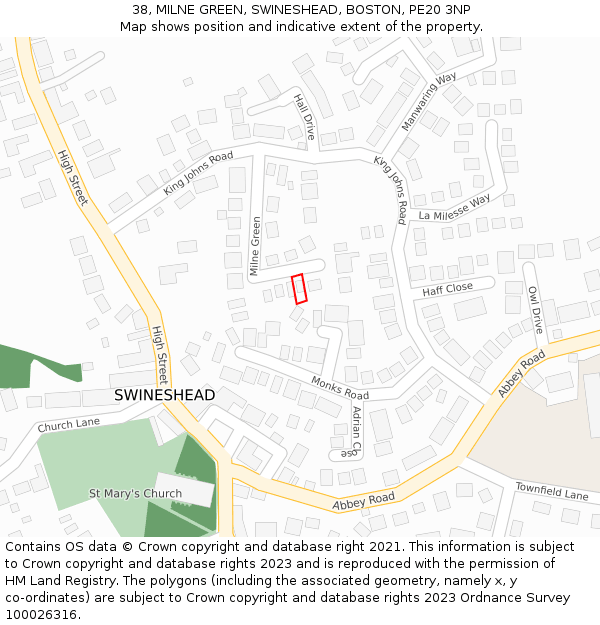 38, MILNE GREEN, SWINESHEAD, BOSTON, PE20 3NP: Location map and indicative extent of plot