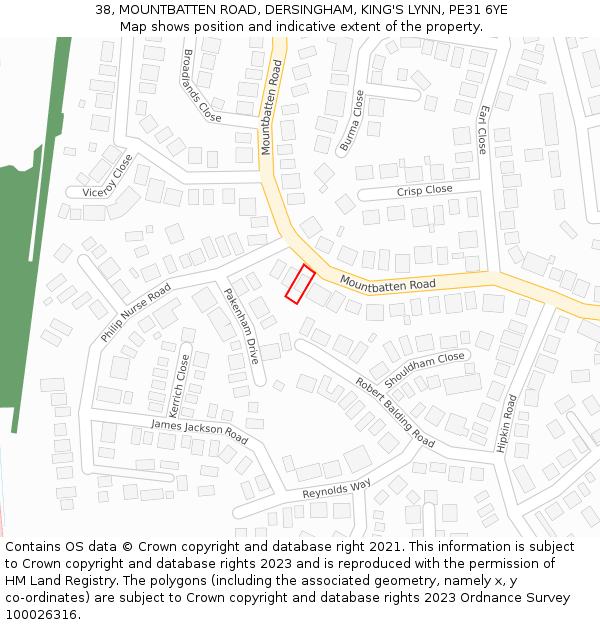 38, MOUNTBATTEN ROAD, DERSINGHAM, KING'S LYNN, PE31 6YE: Location map and indicative extent of plot