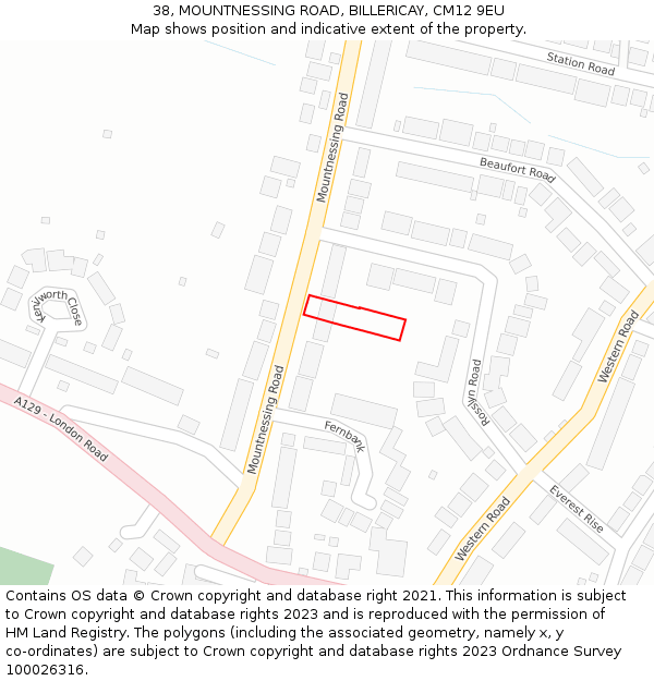 38, MOUNTNESSING ROAD, BILLERICAY, CM12 9EU: Location map and indicative extent of plot