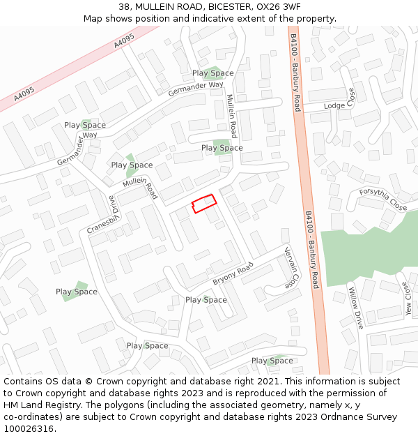 38, MULLEIN ROAD, BICESTER, OX26 3WF: Location map and indicative extent of plot