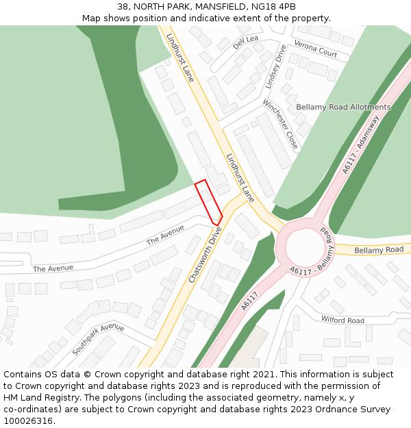 38, NORTH PARK, MANSFIELD, NG18 4PB: Location map and indicative extent of plot