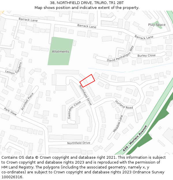 38, NORTHFIELD DRIVE, TRURO, TR1 2BT: Location map and indicative extent of plot