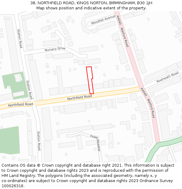 38, NORTHFIELD ROAD, KINGS NORTON, BIRMINGHAM, B30 1JH: Location map and indicative extent of plot