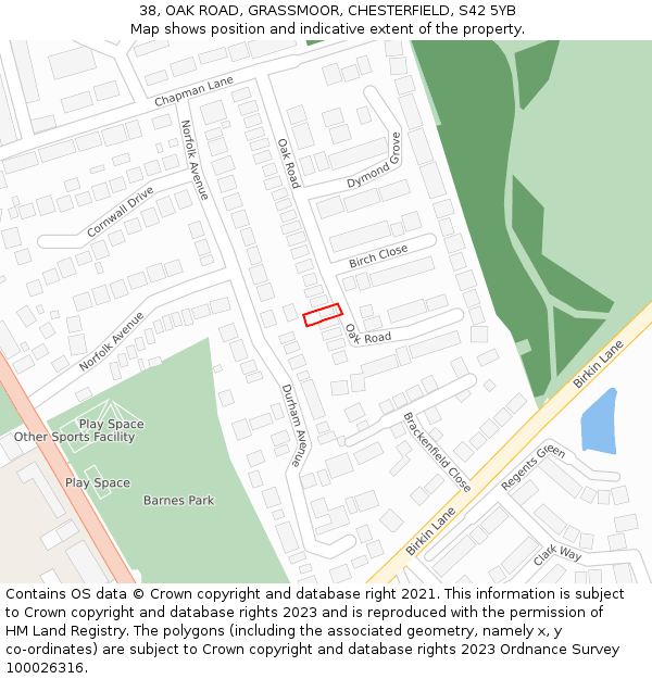 38, OAK ROAD, GRASSMOOR, CHESTERFIELD, S42 5YB: Location map and indicative extent of plot