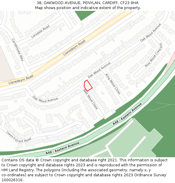 38, OAKWOOD AVENUE, PENYLAN, CARDIFF, CF23 9HA: Location map and indicative extent of plot