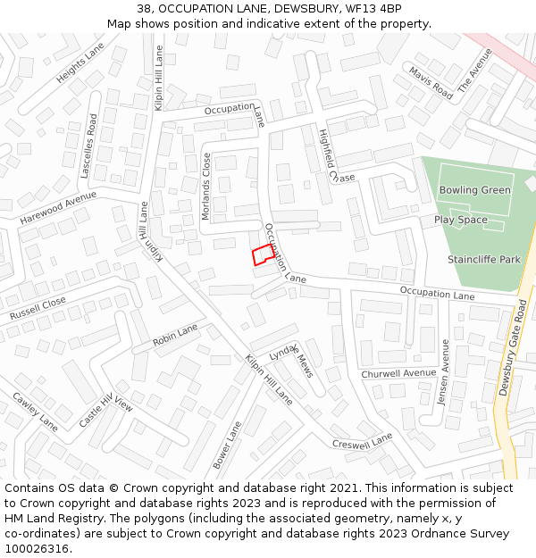 38, OCCUPATION LANE, DEWSBURY, WF13 4BP: Location map and indicative extent of plot
