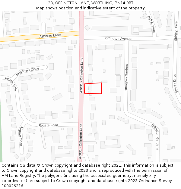 38, OFFINGTON LANE, WORTHING, BN14 9RT: Location map and indicative extent of plot