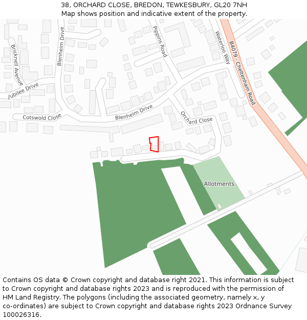 38, ORCHARD CLOSE, BREDON, TEWKESBURY, GL20 7NH: Location map and indicative extent of plot