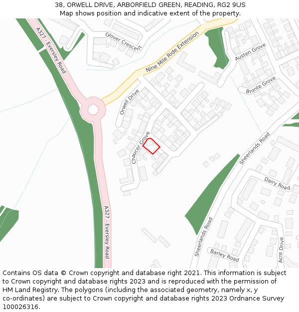 38, ORWELL DRIVE, ARBORFIELD GREEN, READING, RG2 9US: Location map and indicative extent of plot