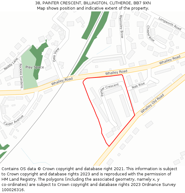38, PAINTER CRESCENT, BILLINGTON, CLITHEROE, BB7 9XN: Location map and indicative extent of plot