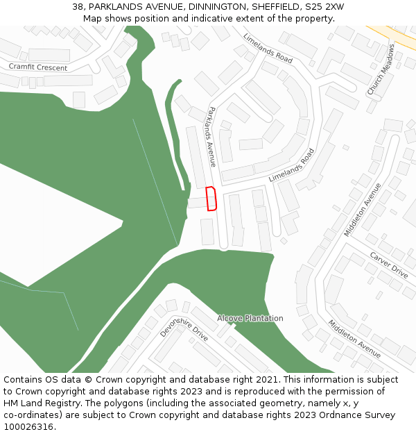38, PARKLANDS AVENUE, DINNINGTON, SHEFFIELD, S25 2XW: Location map and indicative extent of plot