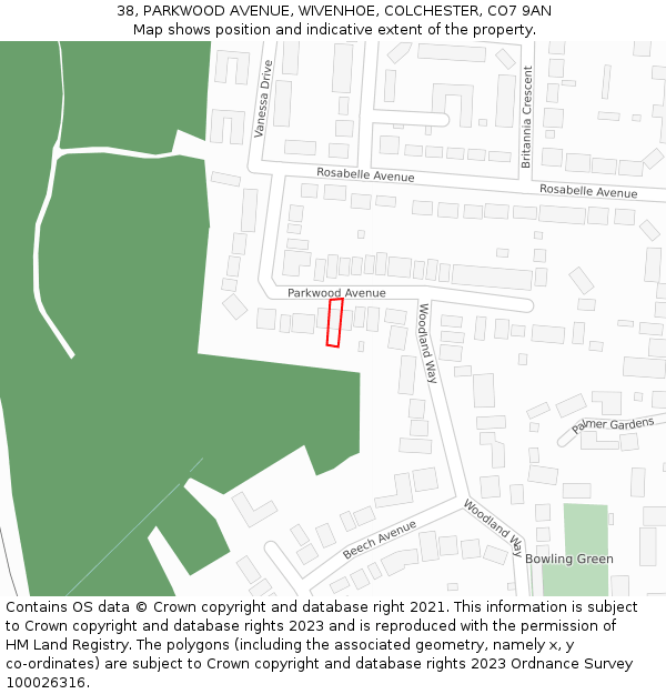 38, PARKWOOD AVENUE, WIVENHOE, COLCHESTER, CO7 9AN: Location map and indicative extent of plot