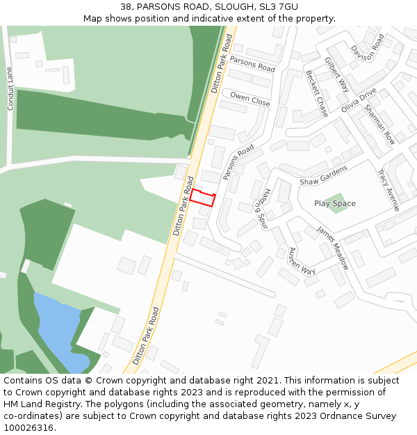 38, PARSONS ROAD, SLOUGH, SL3 7GU: Location map and indicative extent of plot