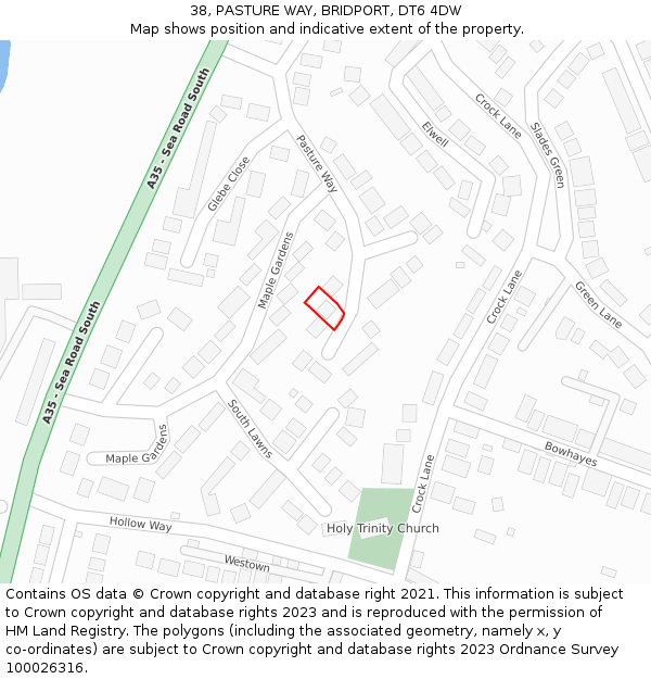 38, PASTURE WAY, BRIDPORT, DT6 4DW: Location map and indicative extent of plot