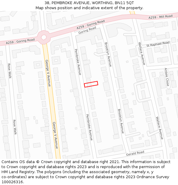 38, PEMBROKE AVENUE, WORTHING, BN11 5QT: Location map and indicative extent of plot