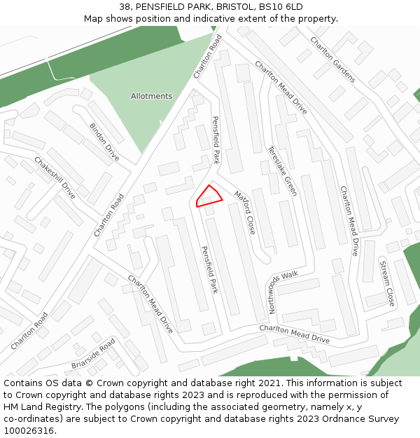 38, PENSFIELD PARK, BRISTOL, BS10 6LD: Location map and indicative extent of plot