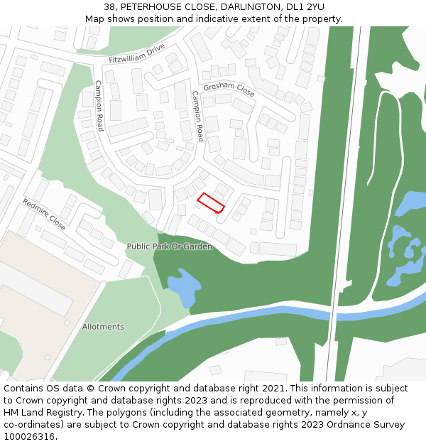 38, PETERHOUSE CLOSE, DARLINGTON, DL1 2YU: Location map and indicative extent of plot