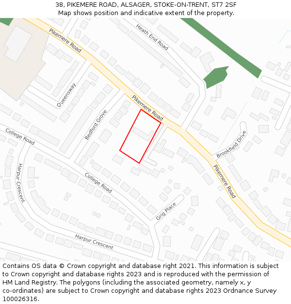38, PIKEMERE ROAD, ALSAGER, STOKE-ON-TRENT, ST7 2SF: Location map and indicative extent of plot