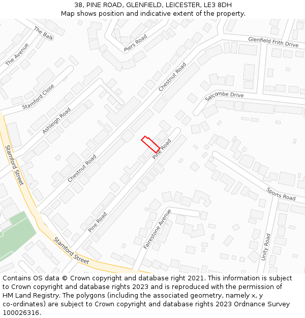 38, PINE ROAD, GLENFIELD, LEICESTER, LE3 8DH: Location map and indicative extent of plot
