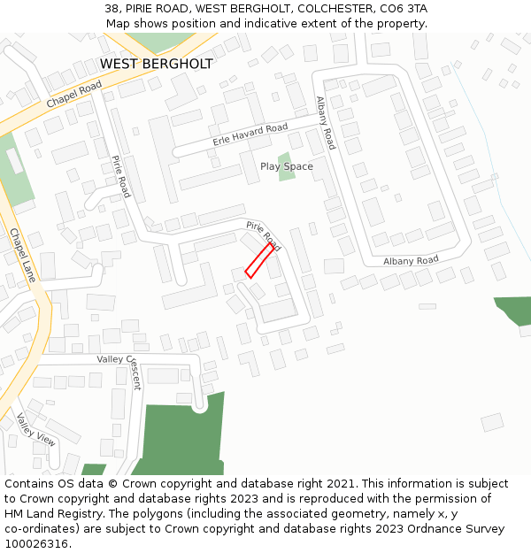 38, PIRIE ROAD, WEST BERGHOLT, COLCHESTER, CO6 3TA: Location map and indicative extent of plot