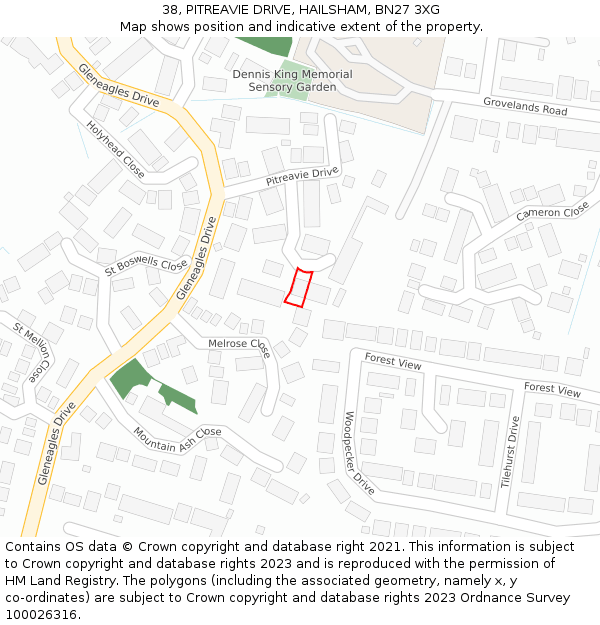 38, PITREAVIE DRIVE, HAILSHAM, BN27 3XG: Location map and indicative extent of plot