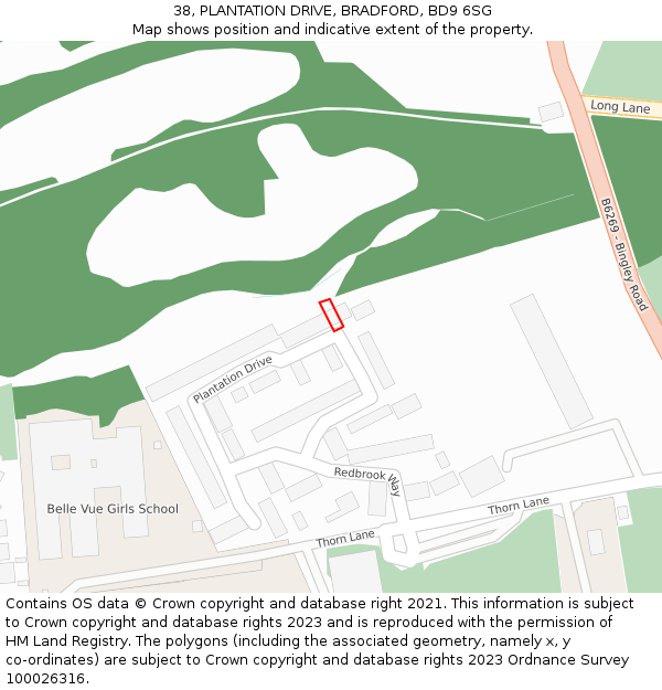 38, PLANTATION DRIVE, BRADFORD, BD9 6SG: Location map and indicative extent of plot