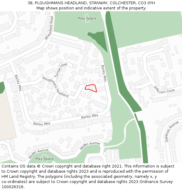38, PLOUGHMANS HEADLAND, STANWAY, COLCHESTER, CO3 0YH: Location map and indicative extent of plot