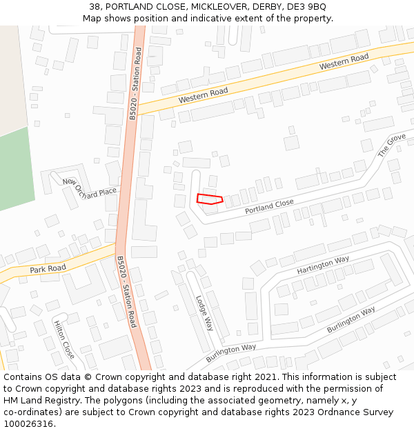 38, PORTLAND CLOSE, MICKLEOVER, DERBY, DE3 9BQ: Location map and indicative extent of plot