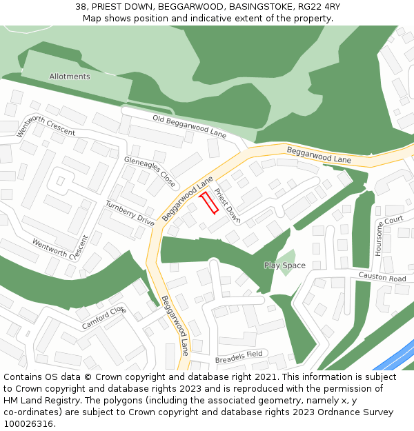 38, PRIEST DOWN, BEGGARWOOD, BASINGSTOKE, RG22 4RY: Location map and indicative extent of plot