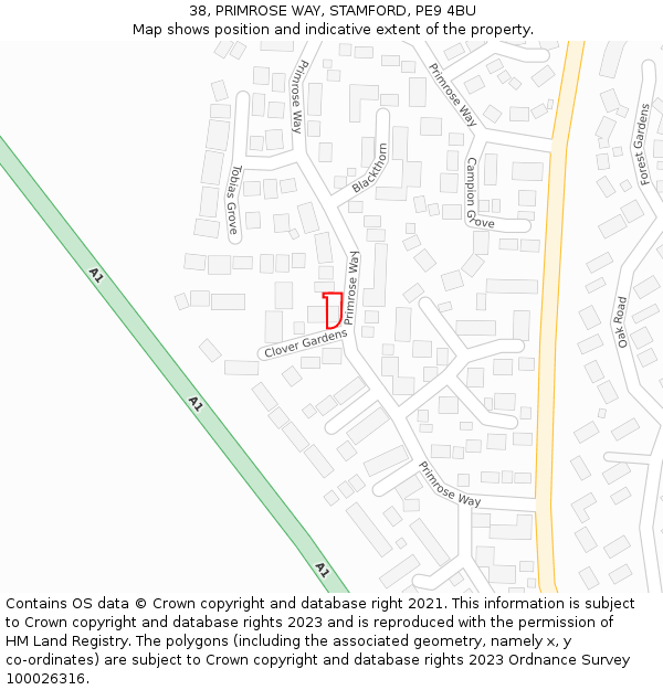 38, PRIMROSE WAY, STAMFORD, PE9 4BU: Location map and indicative extent of plot