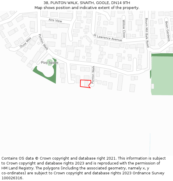 38, PUNTON WALK, SNAITH, GOOLE, DN14 9TH: Location map and indicative extent of plot