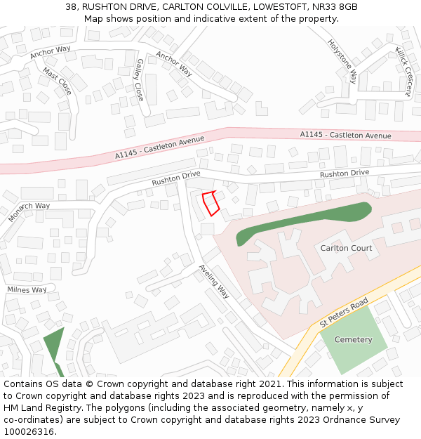 38, RUSHTON DRIVE, CARLTON COLVILLE, LOWESTOFT, NR33 8GB: Location map and indicative extent of plot