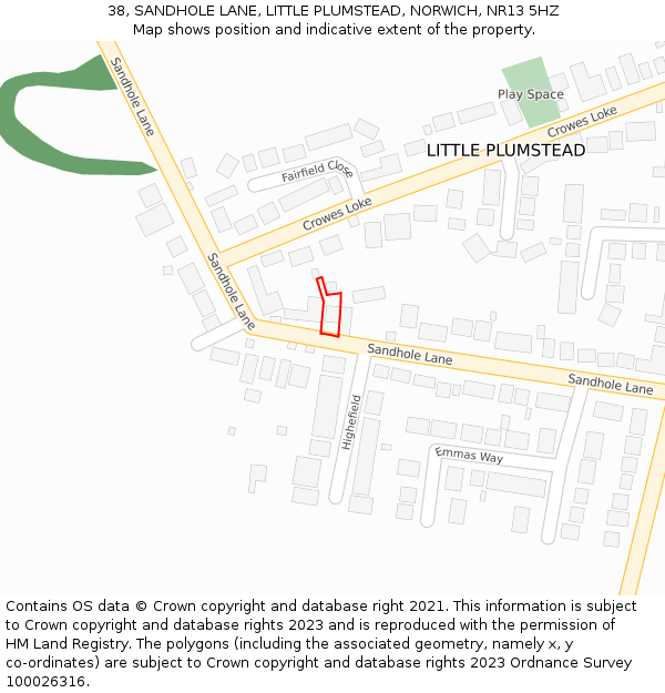 38, SANDHOLE LANE, LITTLE PLUMSTEAD, NORWICH, NR13 5HZ: Location map and indicative extent of plot