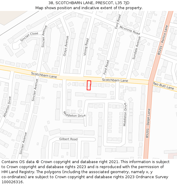 38, SCOTCHBARN LANE, PRESCOT, L35 7JD: Location map and indicative extent of plot