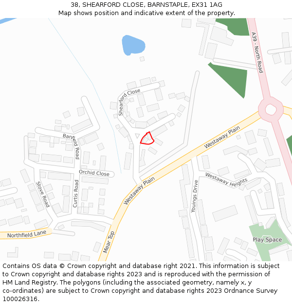 38, SHEARFORD CLOSE, BARNSTAPLE, EX31 1AG: Location map and indicative extent of plot